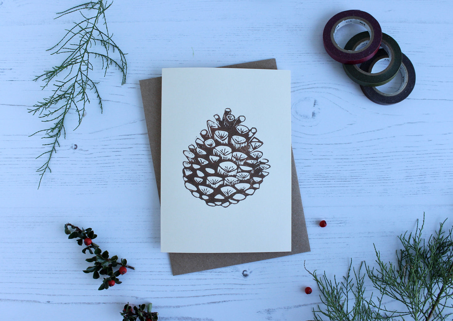 Hand printed Pine cone Christmas Card