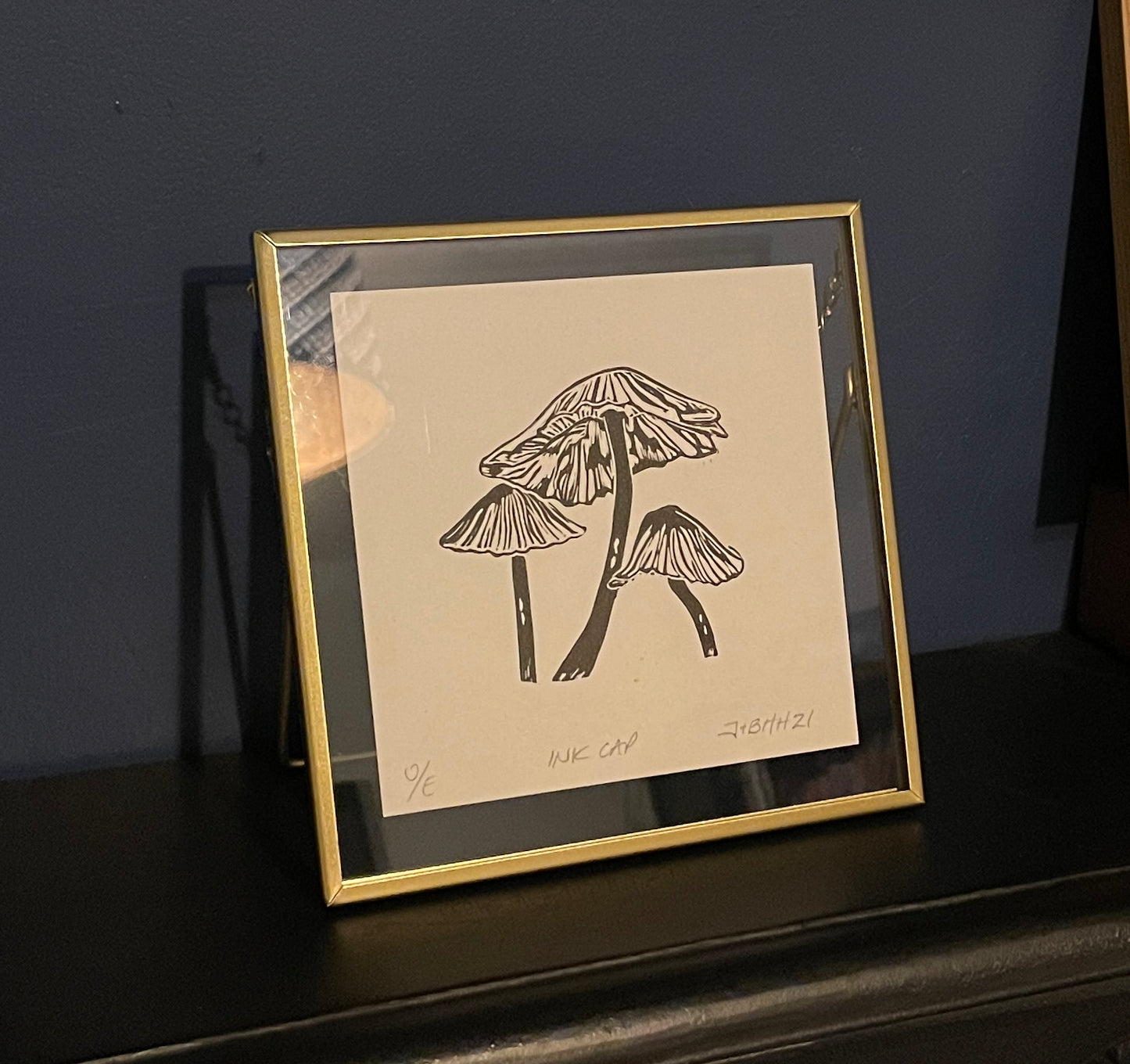 Inkcap fungi original linocut print
