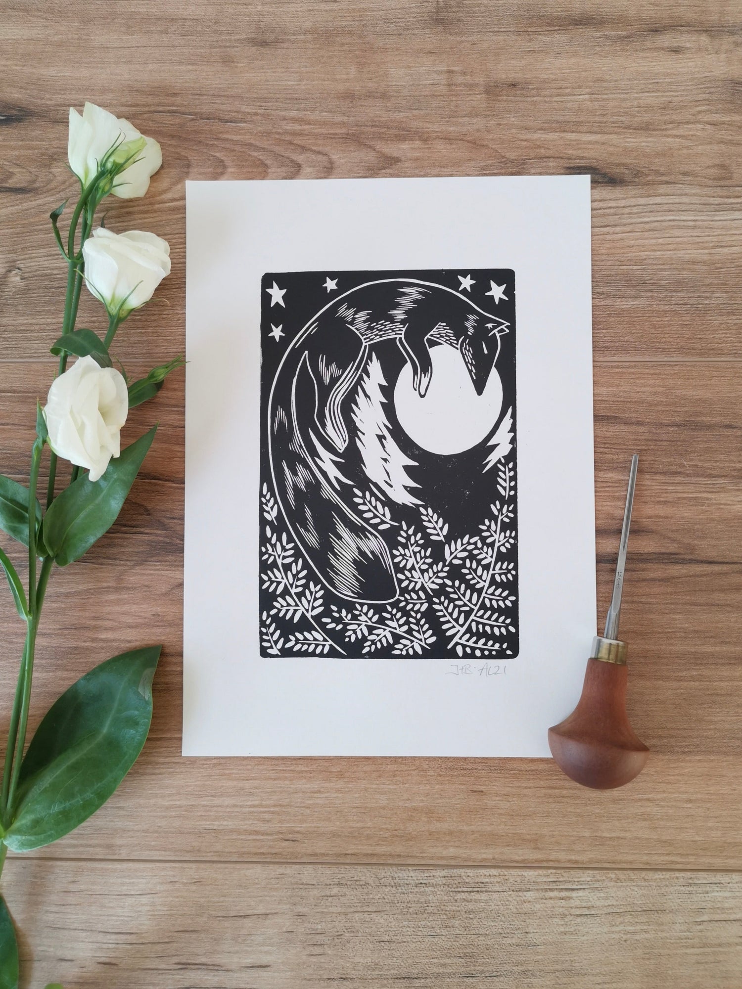 European Hedgehog linocut print by Jackdaw and Bear, hand printed wildlife illustration for nature lovers, mounted in 8x10" cream mount, perfect for ecologists, gardeners and nature lovers.