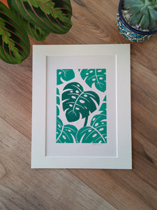Hand printed botanical inspired prints and gifts by Jackdaw and Bear. Pictured: Monstera leaf print