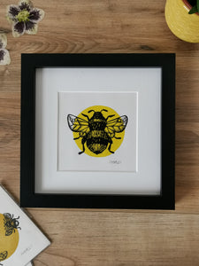 Framed Bumblebee linocut art print, by Jackdaw and Bear