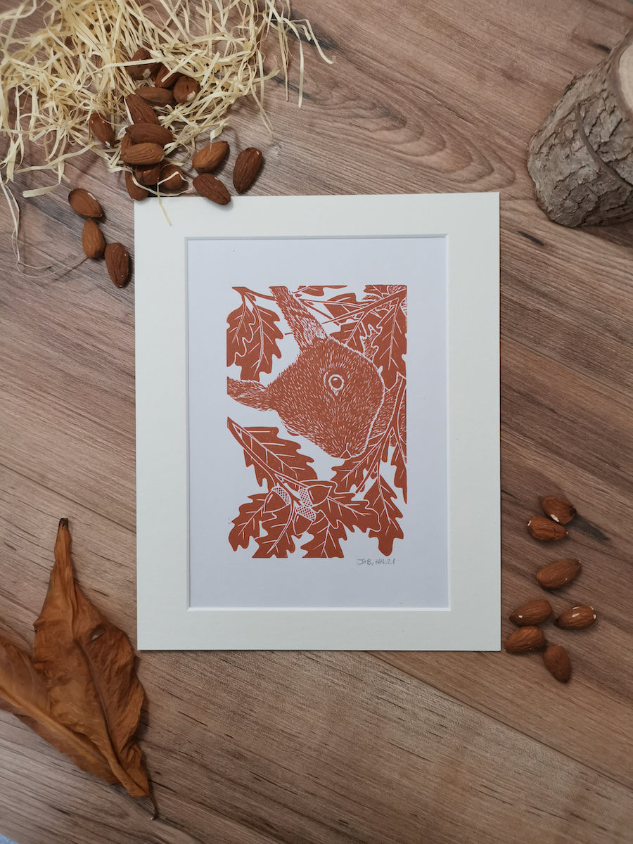 Autumnal red squirrel linocut art print- autumn colours, acorns and nuts