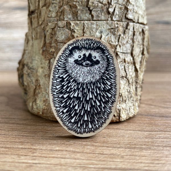 Hedgehog Wooden Pin Badge - animal, nature brooch.