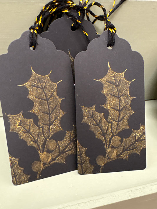 Gold holly present tags for gift wrapping