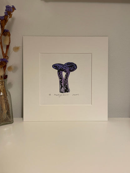 Amethyst Deceiver fungi original linocut print