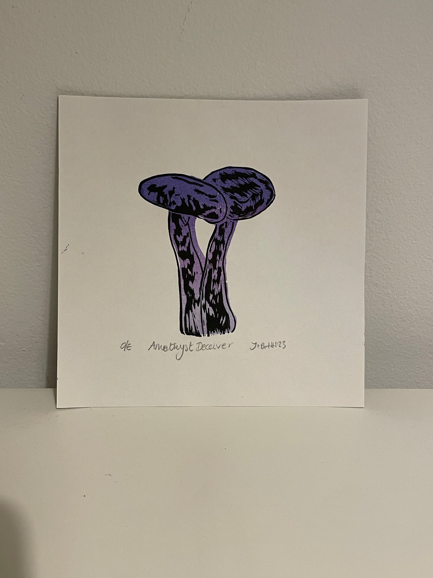 Amethyst Deceiver fungi original linocut print