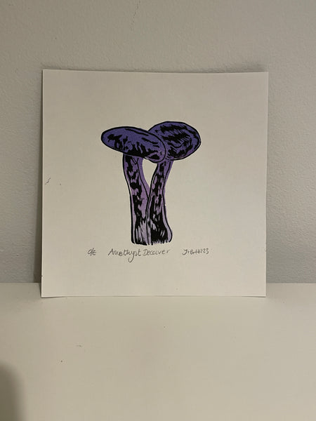 Mini Amethyst Deceiver fungi prints - hand printed lino art print wall decor