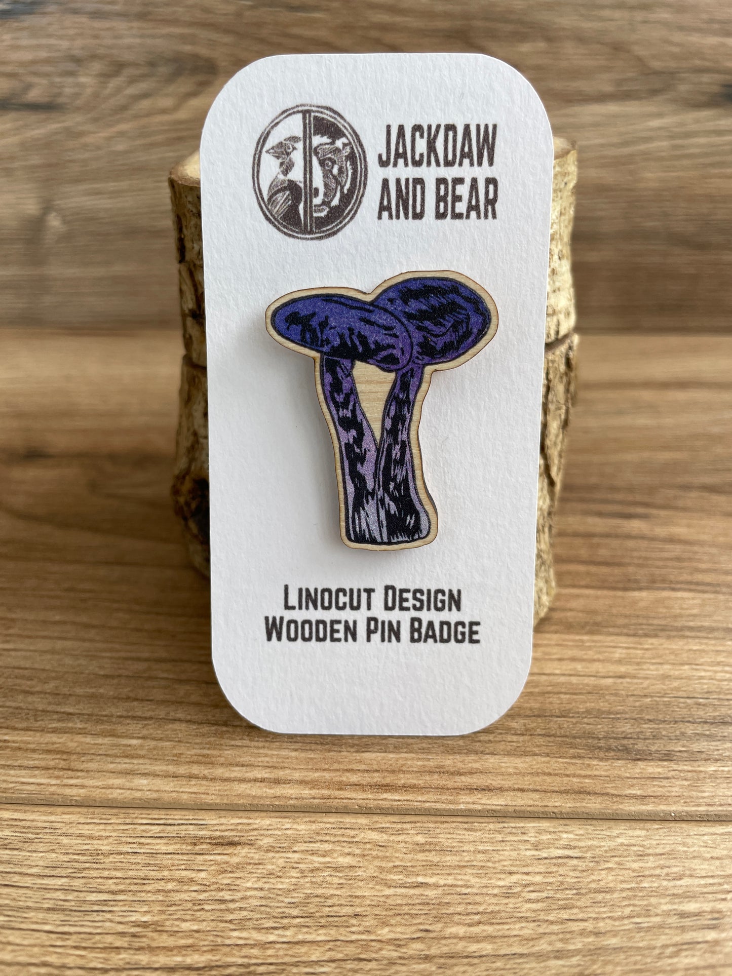 Amethyst Deceiver Fungi Wooden Pin Badge - toadstool, nature brooch.