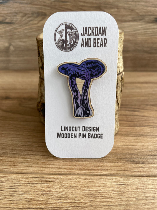 Amethyst Deceiver Fungi Wooden Pin Badge - toadstool, nature brooch.