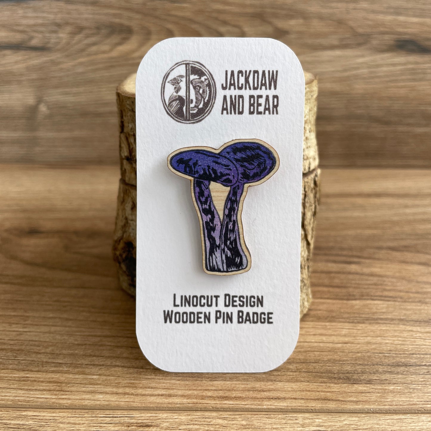 Amethyst Deceiver Fungi Wooden Pin Badge - toadstool, nature brooch.