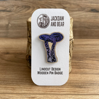 Amethyst Deceiver Fungi Wooden Pin Badge - toadstool, nature brooch.