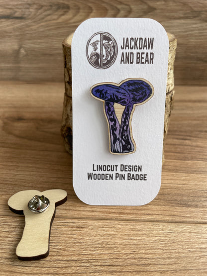 Amethyst Deceiver Fungi Wooden Pin Badge - toadstool, nature brooch.