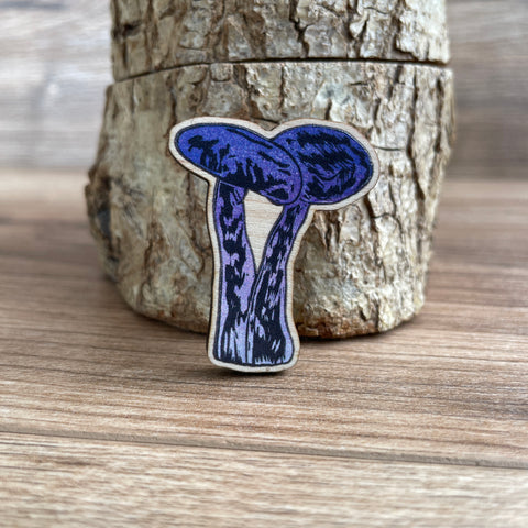 Amethyst Deceiver Fungi Wooden Pin Badge - toadstool, nature brooch.