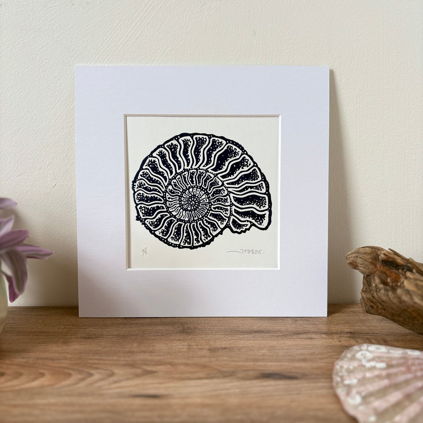 Ammonite fossil hand printed Linocut art print