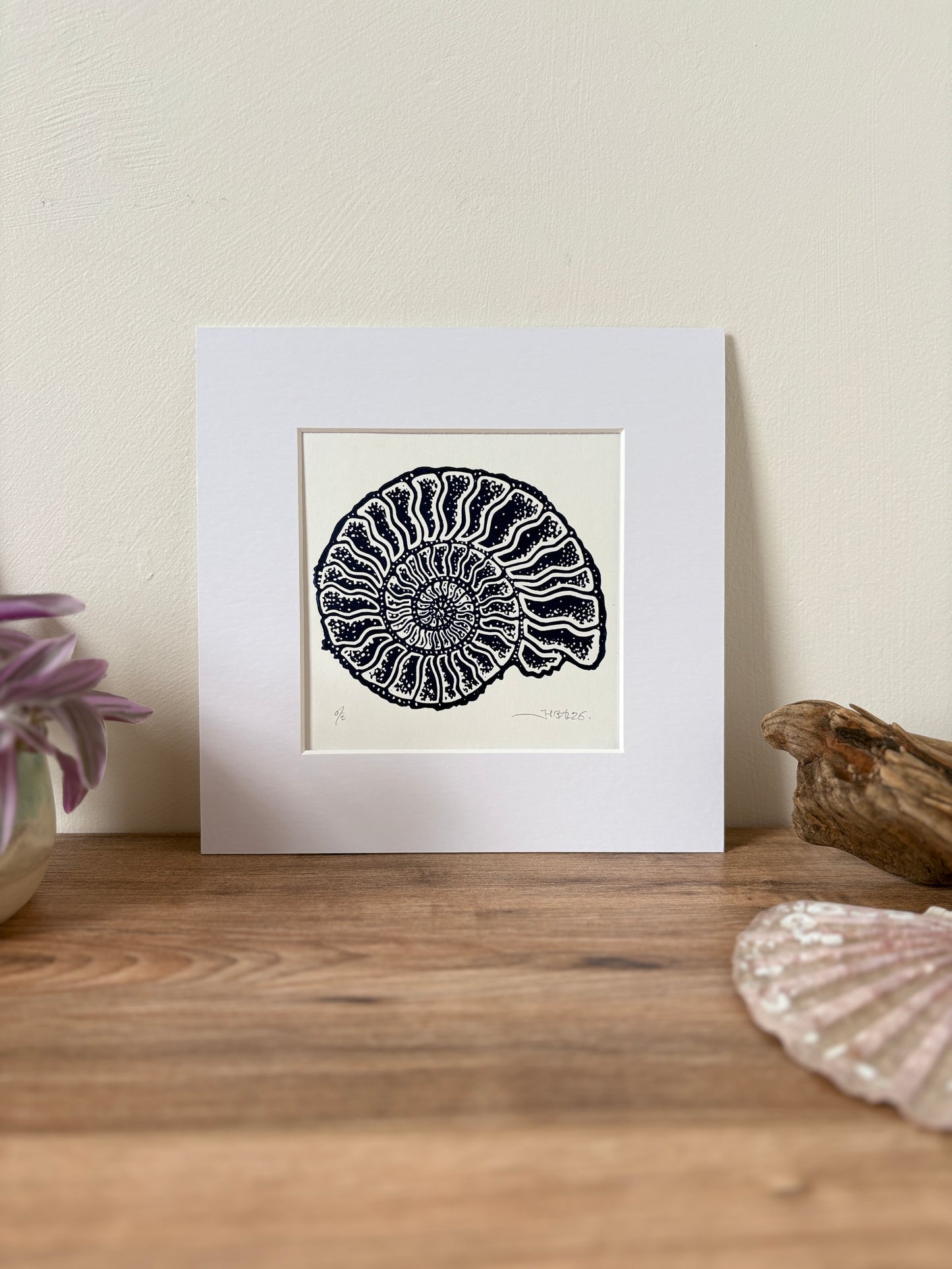 Ammonite fossil hand printed Linocut art print