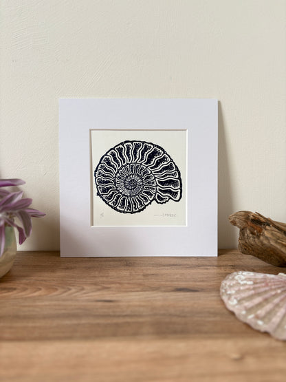 Ammonite fossil hand printed Linocut art print