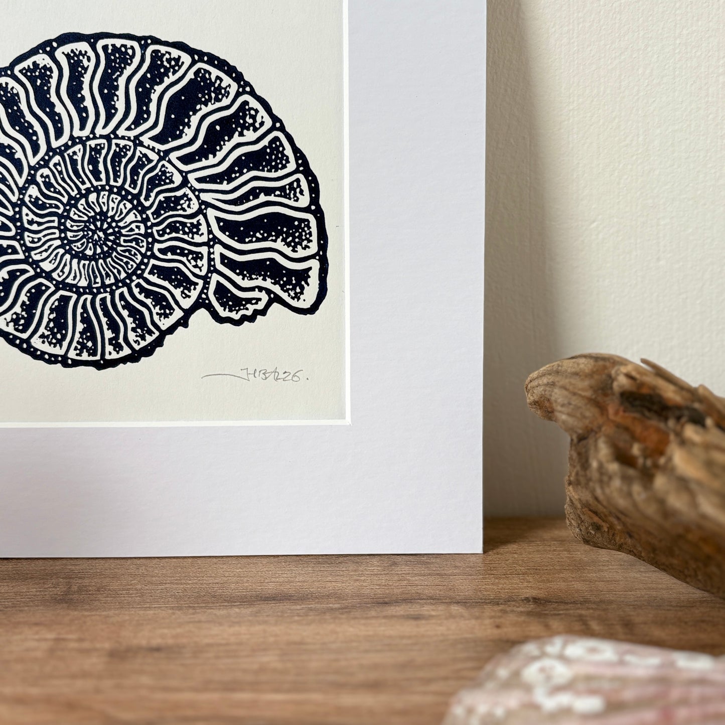 Ammonite fossil hand printed Linocut art print