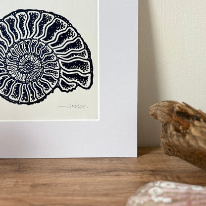 Ammonite fossil hand printed Linocut art print