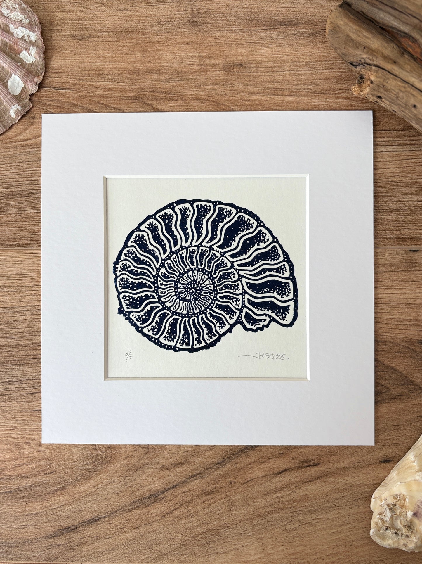 Ammonite fossil hand printed Linocut art print