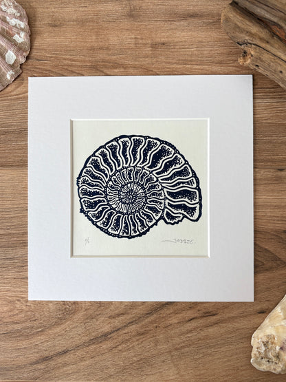 Ammonite fossil hand printed Linocut art print