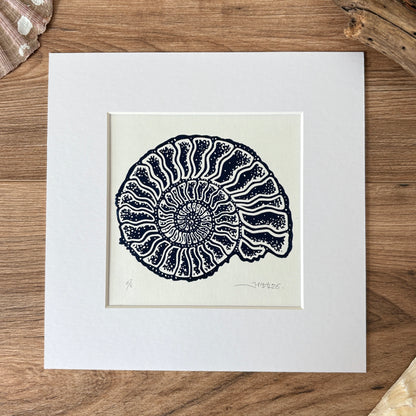 Ammonite fossil hand printed Linocut art print