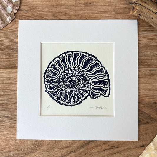 Ammonite fossil hand printed Linocut art print