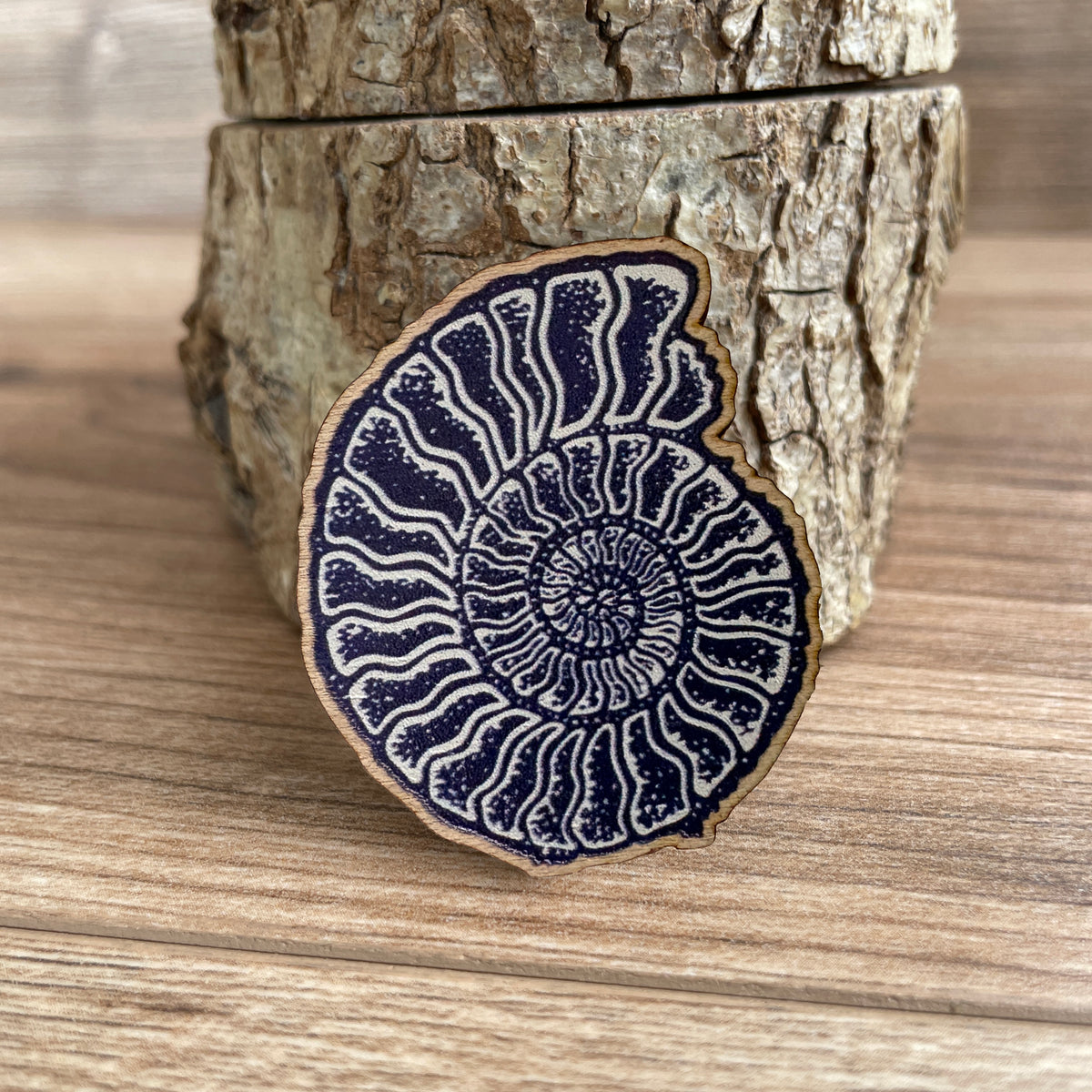 Ammonite Wooden Pin Badge - fossil, nature brooch
