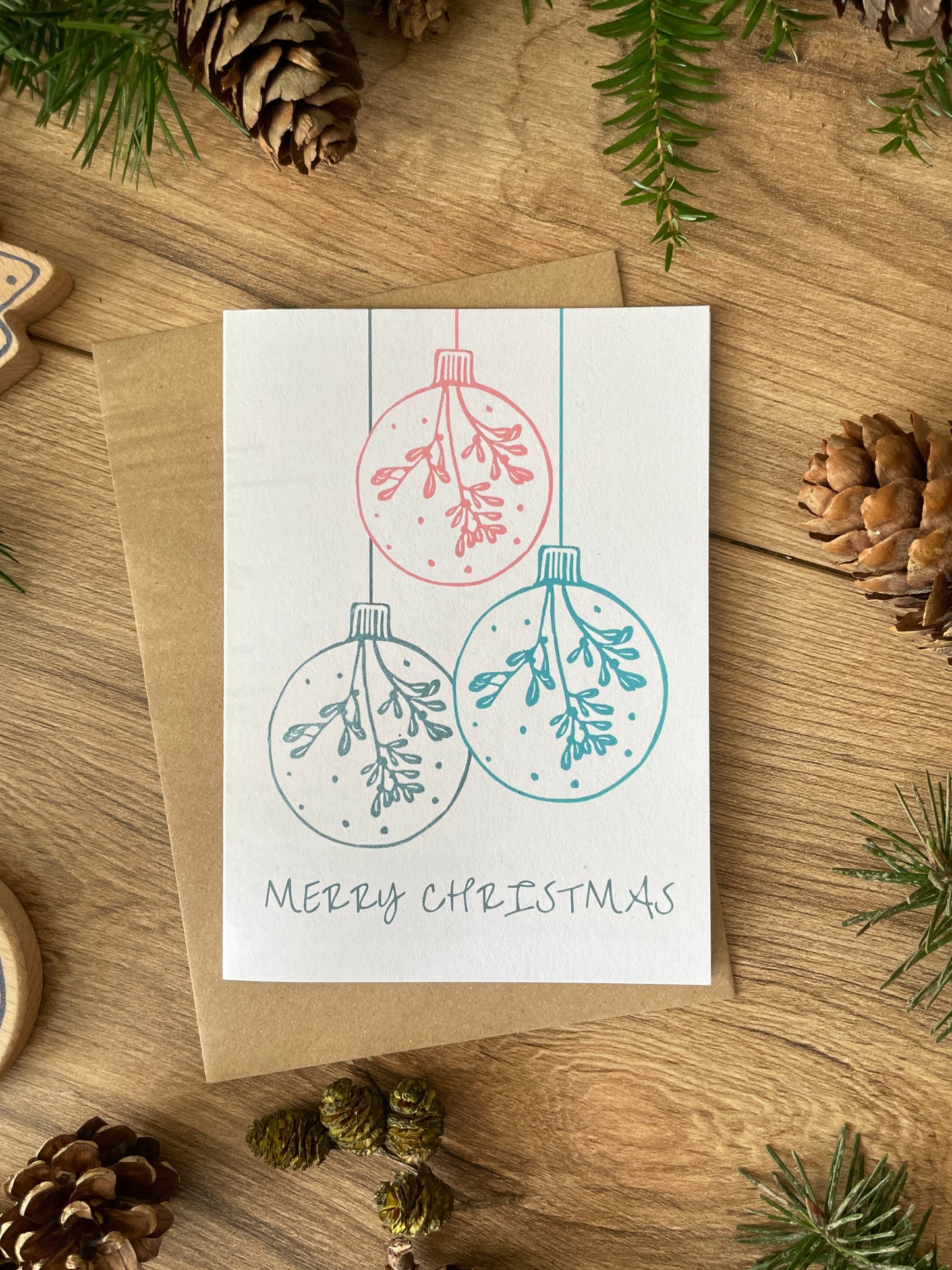 Three Baubles Christmas card