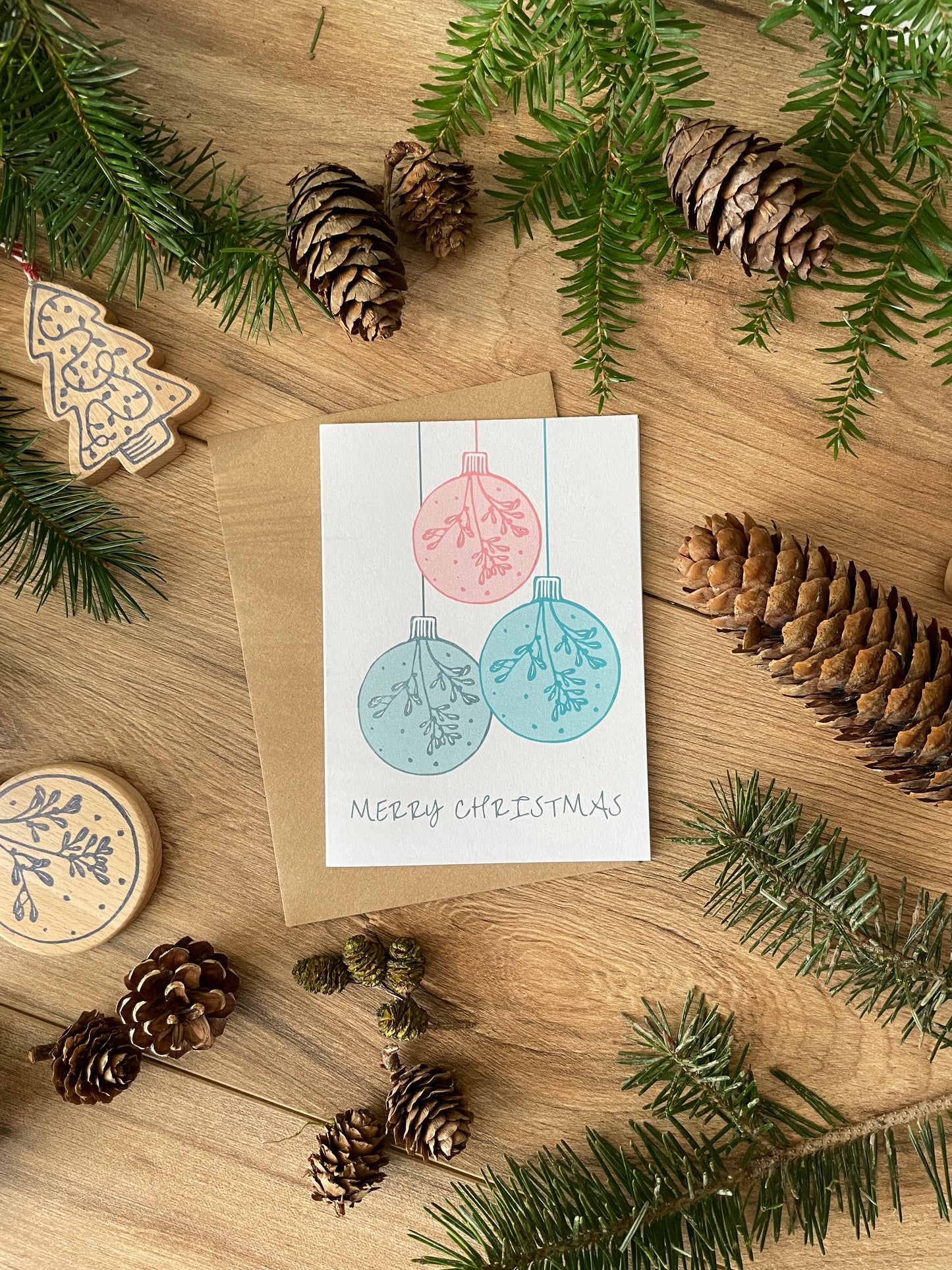 Three Baubles Christmas card