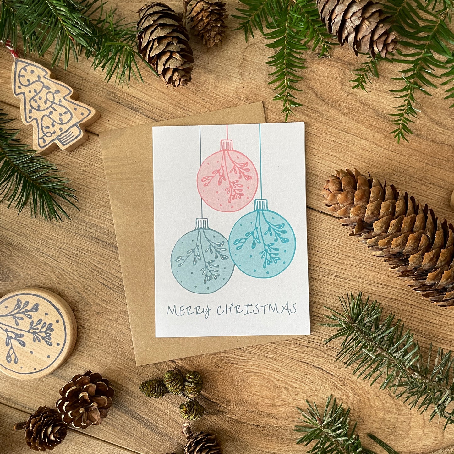 Three Baubles Christmas card