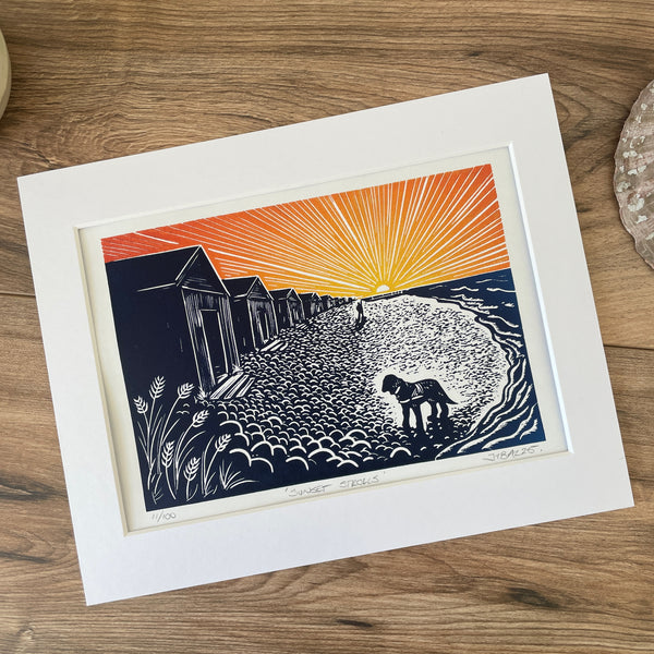 ‘Sunset strolls’ Beach sunset scene linocut art print