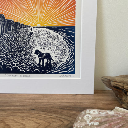 ‘Sunset strolls’ Beach sunset scene linocut art print
