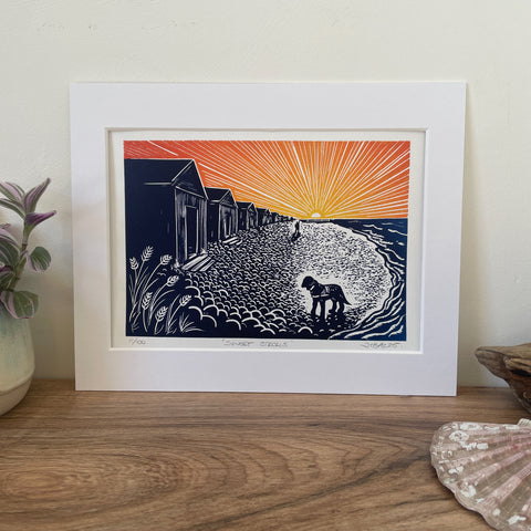 ‘Sunset strolls’ Beach sunset scene linocut art print
