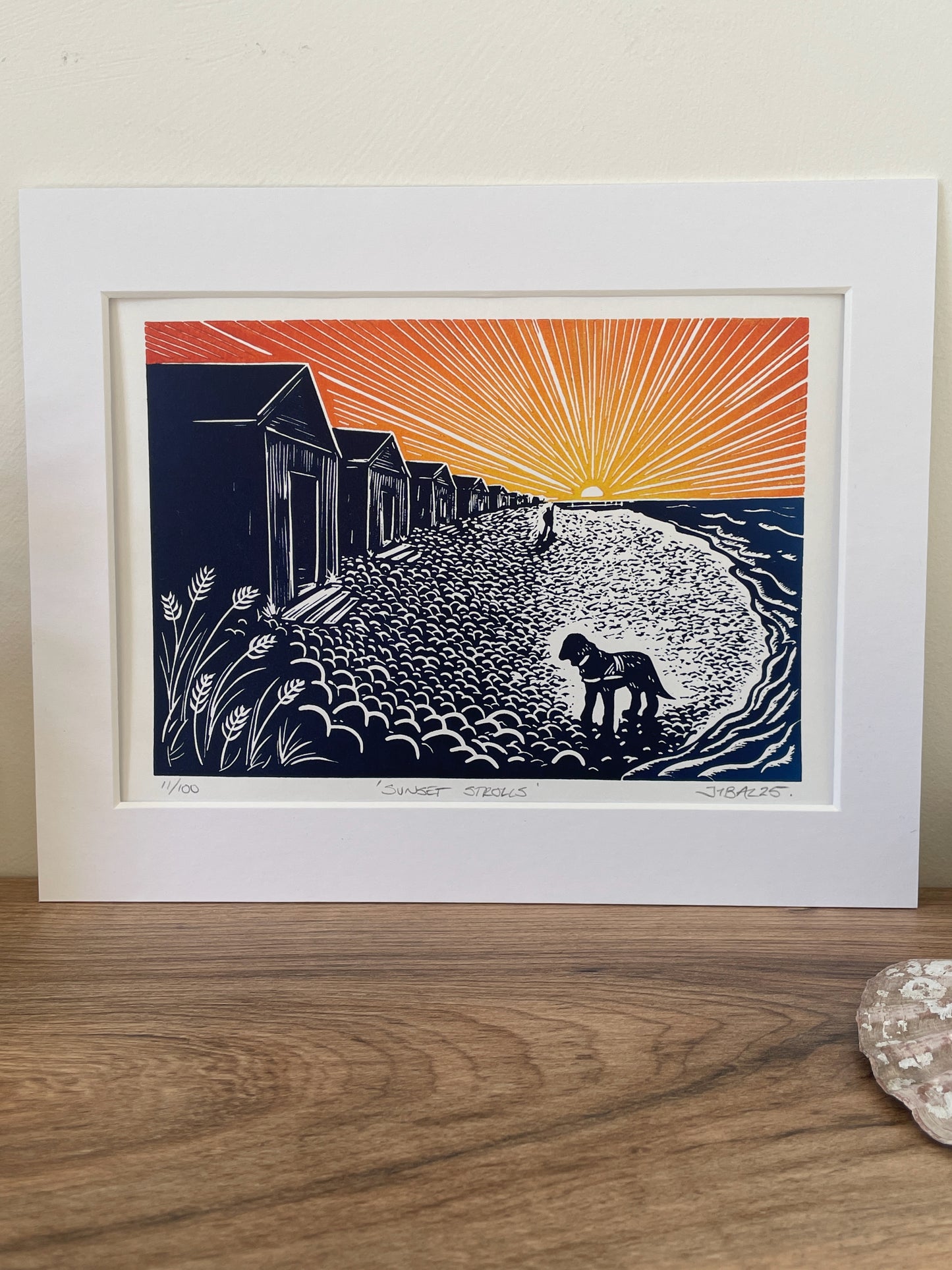 ‘Sunset strolls’ Beach sunset scene linocut art print