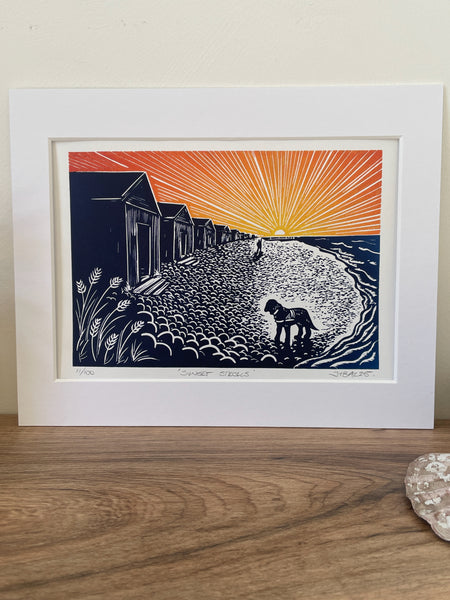 ‘Sunset strolls’ Beach sunset scene linocut art print