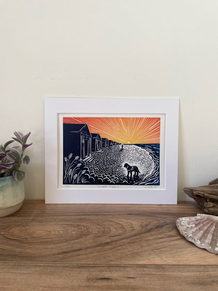 ‘Sunset strolls’ Beach sunset scene linocut art print