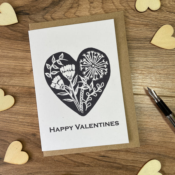 Black botanical heart Valentines Day card