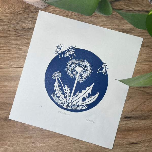 Dandelion hand printed Linocut art print
