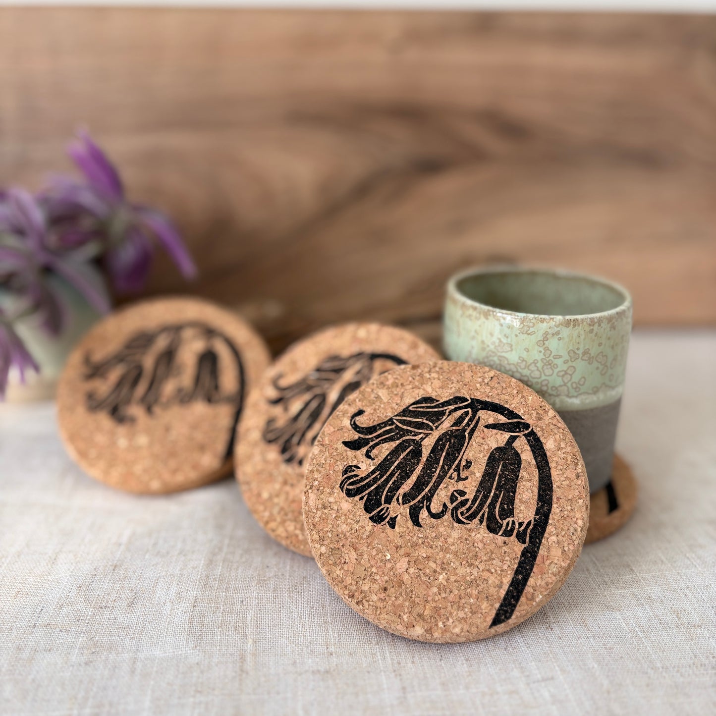 Bluebell Linocut Cork Coaster