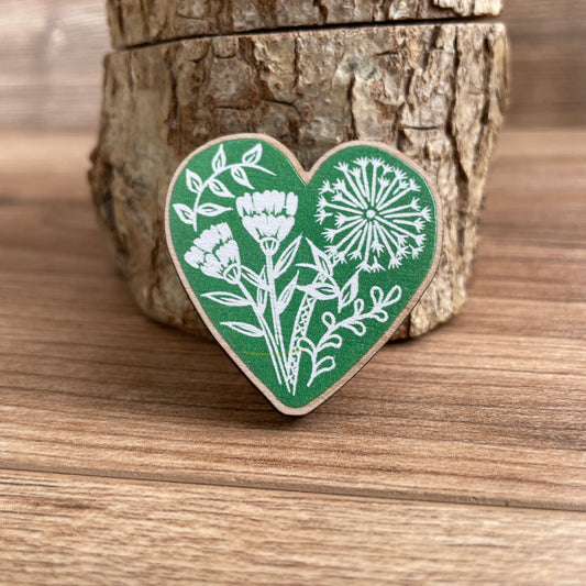 Botanical Heart Wooden Pin Badge - animal, nature brooch.