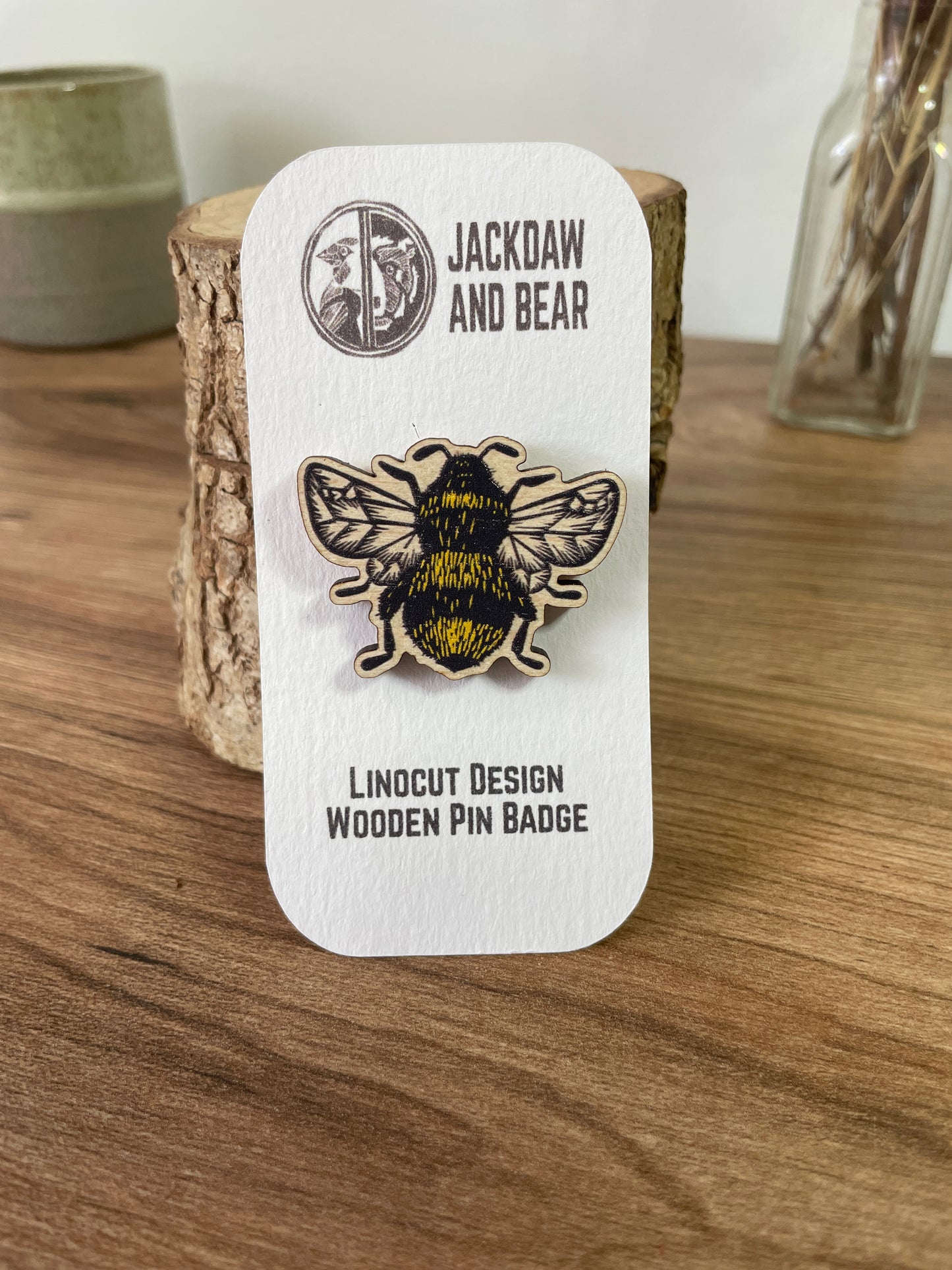 Bumblebee Wooden Pin Badge - animal, nature brooch.