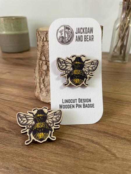Bumblebee Wooden Pin Badge - animal, nature brooch.