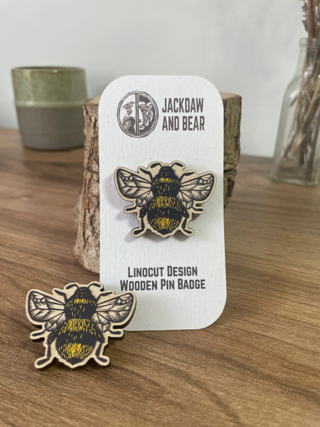 Bumblebee Wooden Pin Badge - animal, nature brooch.