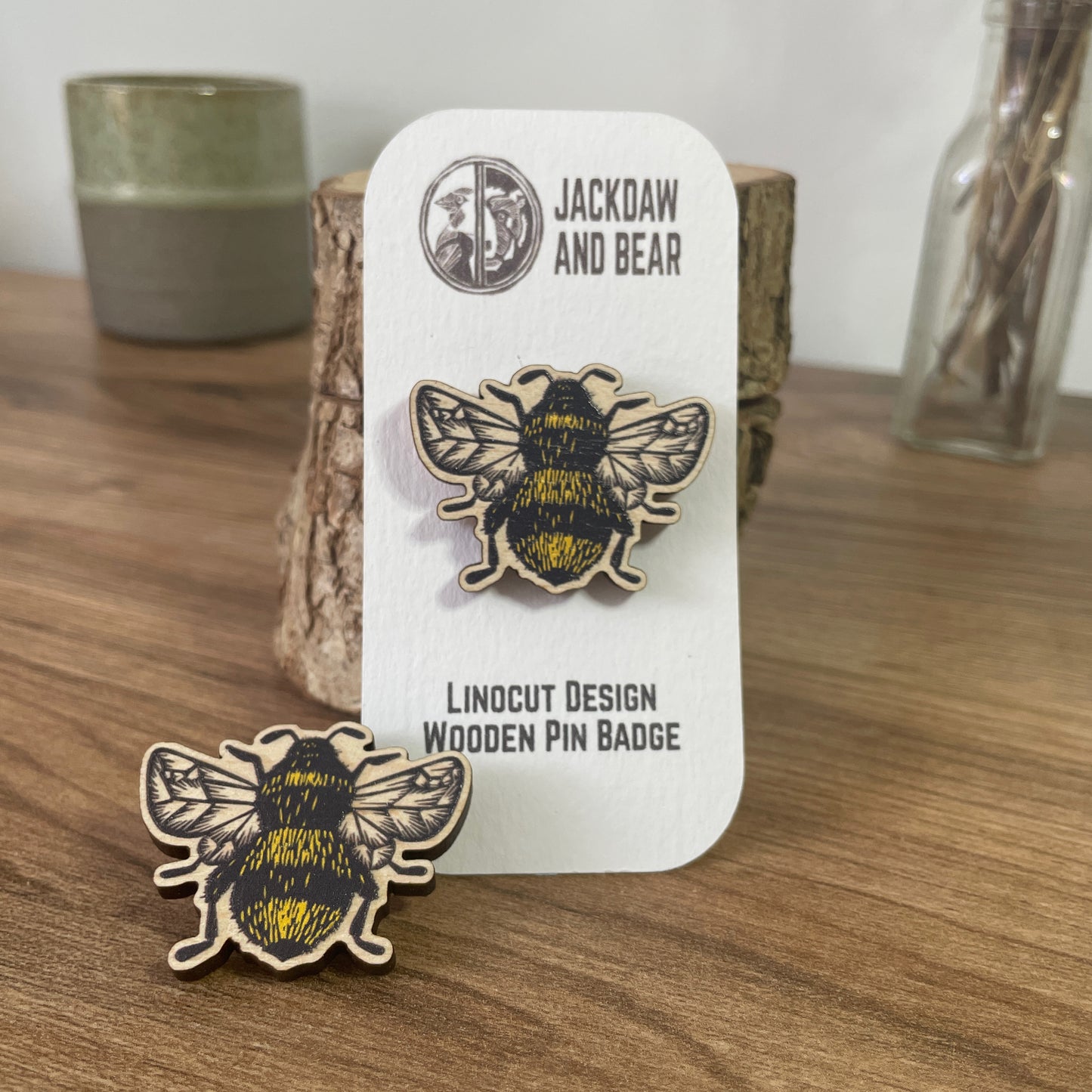 Bumblebee Wooden Pin Badge - animal, nature brooch.