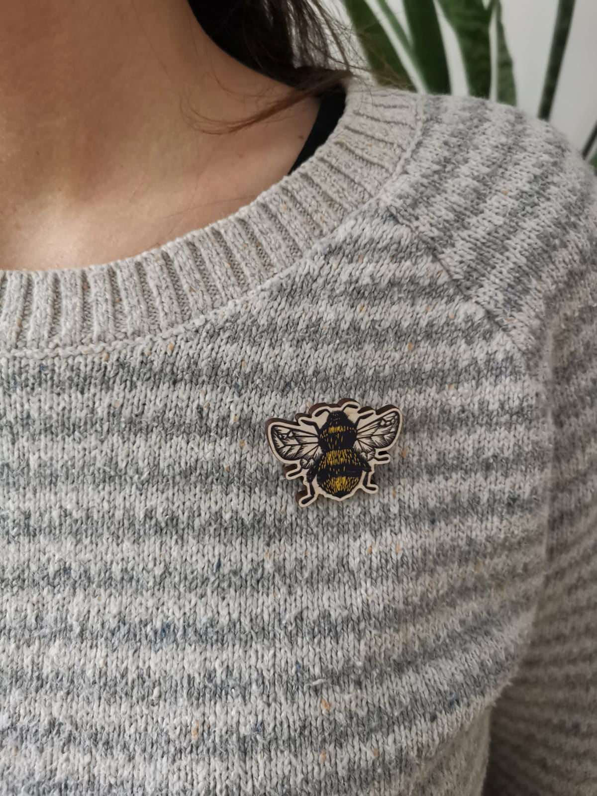 Bumblebee Wooden Pin Badge - animal, nature brooch.