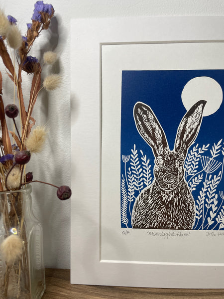 Moonlight meadow hare original mammal Linocut print