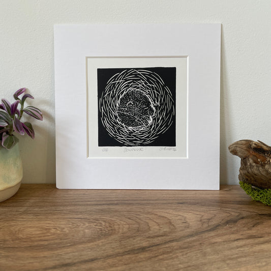 Sleepy torpid Hazel Dormouse Linocut art print