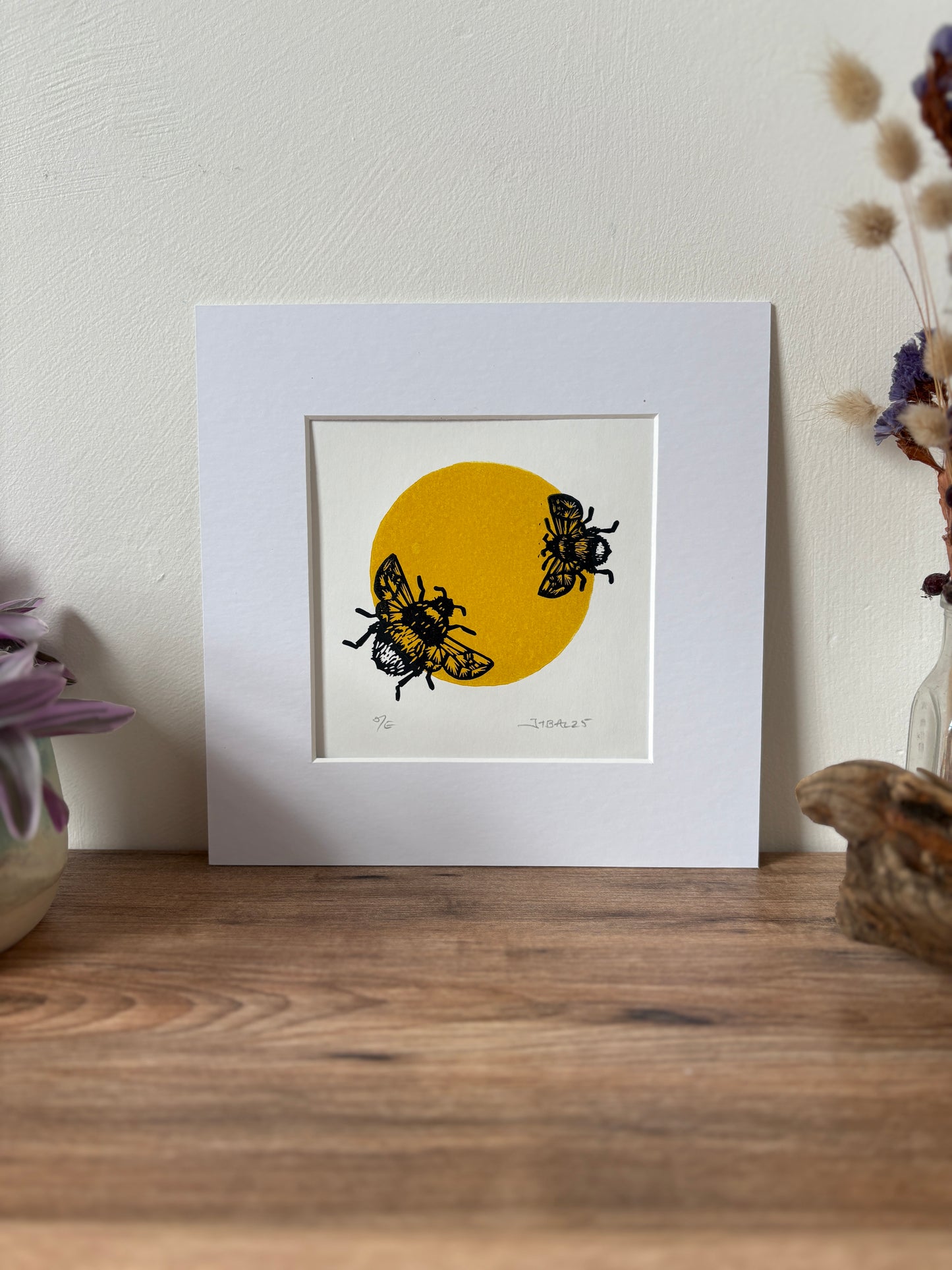 Duo of Bumblebees, hand printed lino art print