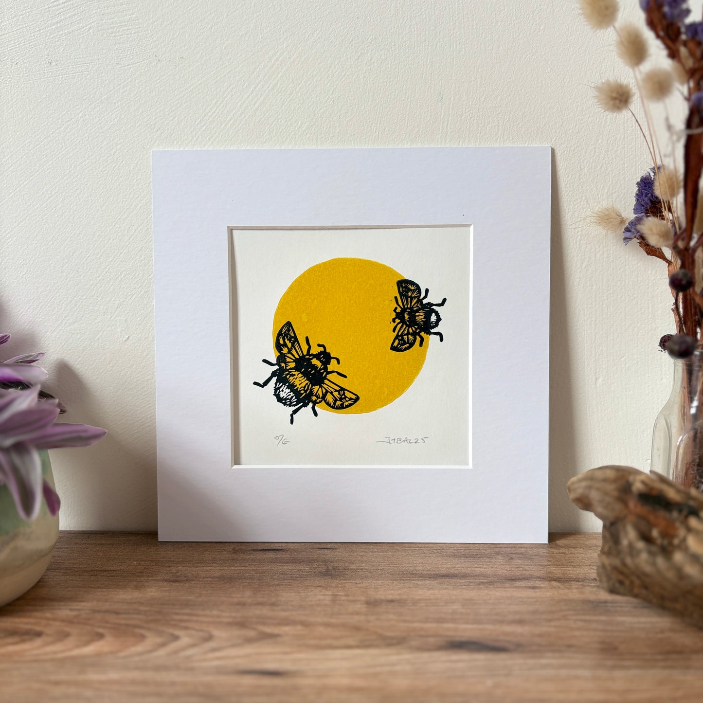 Duo of Bumblebees, hand printed lino art print