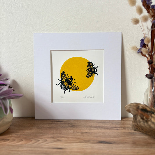 Duo of Bumblebees, hand printed lino art print
